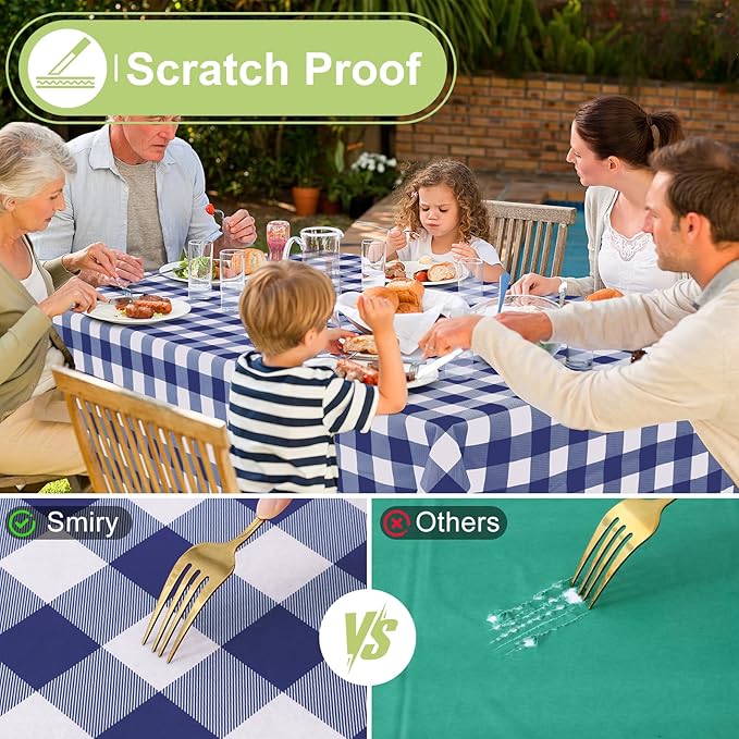 Smiry Rectangle Table Cloth, Waterproof Vinyl Tablecloth with Flannel Backing, Wipeable Buffalo Plaid Table Cover for Dining, Indoor and Outdoor (Navy & White, 52"x70")