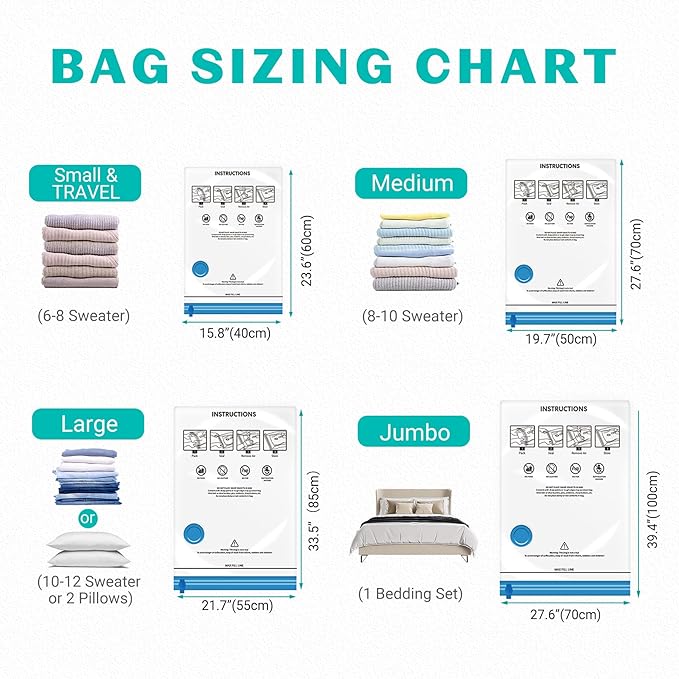 Vacuum Seal Bags for Clothing Travel, 15 Combo - Vacuum Storage Bags, Compression Bags for Travel, Blankets Luggage Clothes - Hand Pump Included（3 Jumbo, 3 Large, 3 Medium, 3 Small, 3 Roll Up Bags）