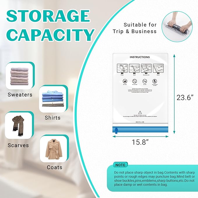 10 Pack Space Saver Vacuum Storage Bags Travel Vacuum Bags for Luggage Clothing Compression Bags for Travel Essentials No Vacuum or Pump Needed