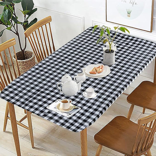 Fitable Black and White Checkered Tablecloth with Elastic - 30"x96" - Waterproof Vinyl Fitted Picnic Table Cover with Flannel Backing, Rectangle Outdoor Tablecloth for 8 Foot Table, Folding Table