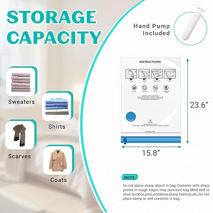 10 Pack Small Space Saver Vacuum Storage Bags Compression Seal Bags for Travel Clothing Luggage Blankets Comforters with Hand Pump