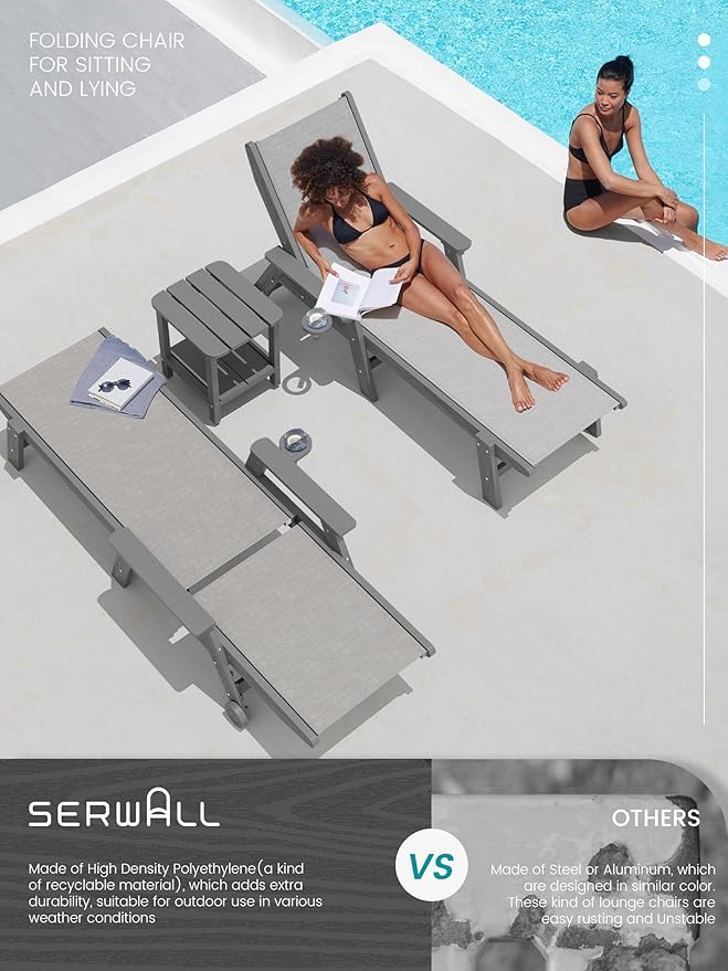 SERWALL Textilene Patio Chaise Lounge Chair Set of 2, 5 Positions Outdoor Lounge Chair with Rolling Wheels for Pool, Deck, Grey