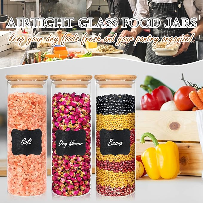 Glass Food Storage Containers Jars with Airtight Bamboo Lid 14 oz 10 pcs, 450 ml Pantry Organization Jar, Glass Terrarium with Lid, Spice, Flour and Sugar Container, Canister Set for Kitchen Counter