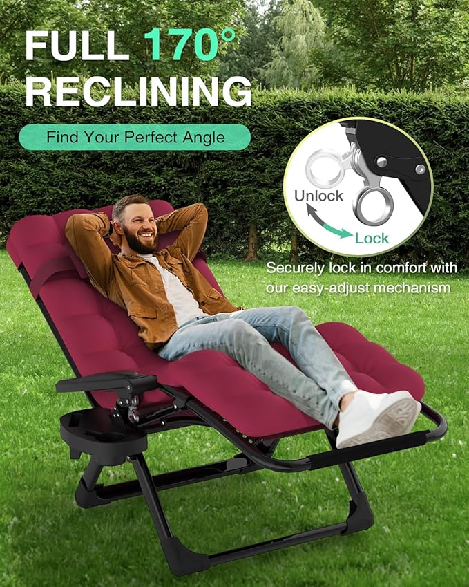 ZENPETIO Zero Gravity Lounge Chair, Foldable Outdoor Recliner with Detachable Cushion, Portable Anti Gravity Lounger for Camping, Patio, Poolside, Lawn - Burgundy