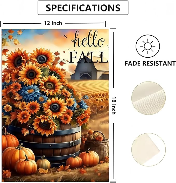Fall Garden Flags 12x18 Double Sided, Sunflower Pumpkin Yard Flags for Outside,Autumn Small Yard Flags for Decor Outdoor