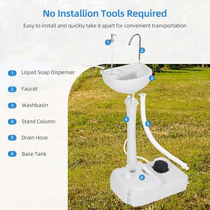 YITAHOME Portable Sink Camping Hand Washing Station with 17 L Wash Basin Stand, Rolling Wheels, Soap Dispenser, Towel Holder, for Outdoor, Travel, Boat, Gather, Garden, Worksite, White