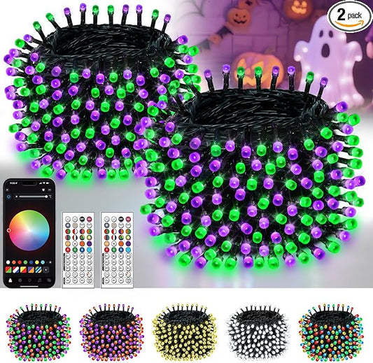 Smart Color Changing Halloween Lights, 2Pack 164FT 400LED Purple, Orange and Green App Control RGB LED String Light with Remote & Timer, Twinkle Christmas Tree Light Waterproof Halloween Decorations