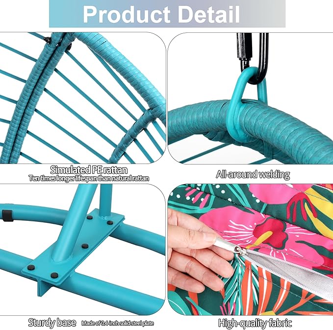 Hanging Egg Chair with Stand - Egg Swing Chair Outdoor Indoor Patio Wicker Chair Swing Hammock Egg Chairs 400lbs Capacity for Outside Patio, Bedroom, Garden and Balcony (Blue-Regular, 1 PC)