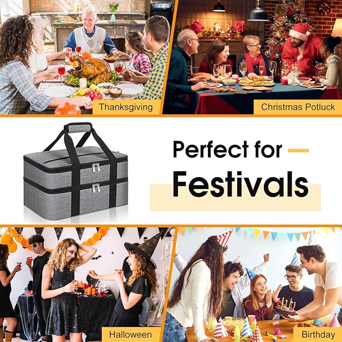 Double Insulated Casserole Carrier, Portable Casserole Carrier for Hot or Cold Food Lunch Tote Warmer or Cooler Bag, Lasagna Lunch Bag for Potluck Parties- Fits 9" x 13" Baking Dish-Grey