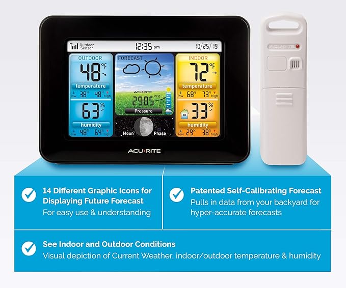 AcuRite Wireless Home Weather Station with Color Display, Indoor Outdoor Thermometer and Temperature Sensor (02077M)