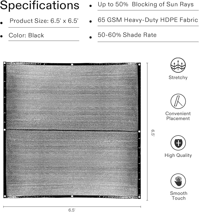 VIVOSUN Sunblock Shade Cloth, 50%-60% Shade Net, 6.5' x 6.5' Black Garden Shade Mesh with Grommets for Plant Covers, Swimming Pools, Patios, and Yards