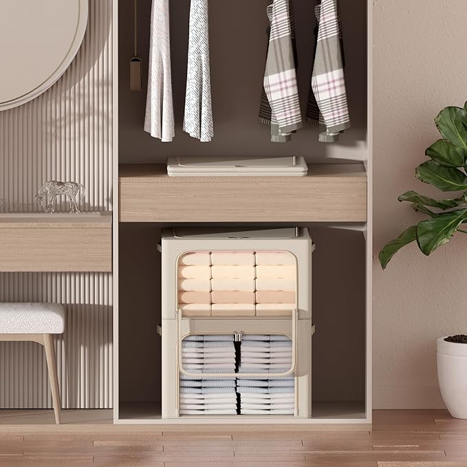 3Pack Frame Storage Box - Clothes Storage Bin Bags Oxford Fabric Foldable Stackable Container Organizer Set with Clear Window & Carry Handles Large Capacity (Beige, Extra Large-100L)