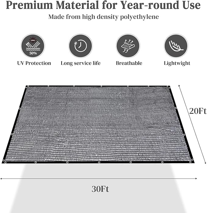 Garden 50% Shade Cloth, 20 x 30FT Sun Shade Mesh Tarp with Reinforced Grommets, Durable HDPE Material Outdoor Shade Cloth for Plants, Greenhouse, Pergola and Backyard Patio Sunshade