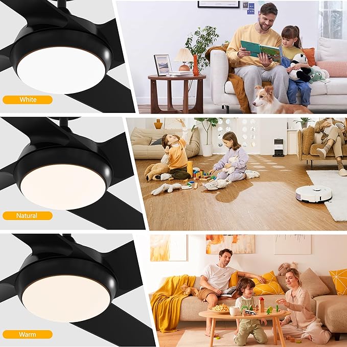 52 Inch Ceiling Fan with Light and Remote, 4 Blades, Quiet DC Motor, Reversible Fan with Dimmable LED Light, for Bedroom Living Room, Black