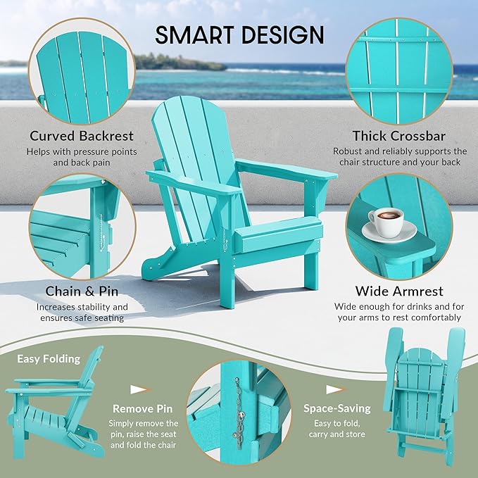 WestinTrends Malibu HDPE Outdoor Patio Folding Poly Adirondack Chair, Turquoise