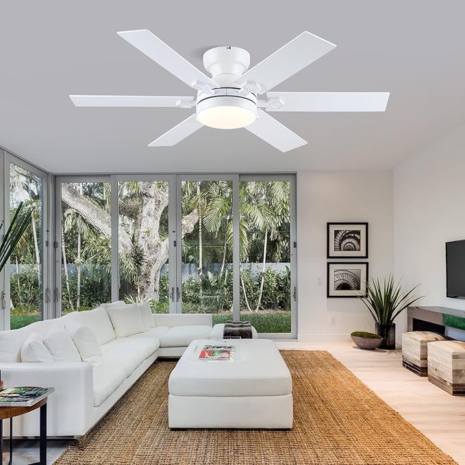 46" White Low Profile Ceiling Fans with Lights,Modern Flush Mount Ceiling Fans with Reversible DC Motor,Dimmable 3 Colors 6 Speeds