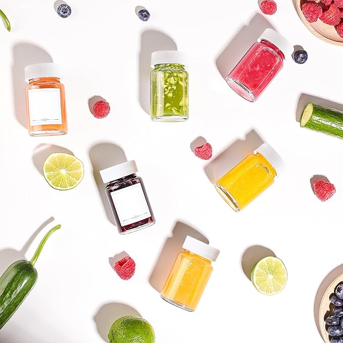 8 Pack, 2 oz Glass Shot Bottles w/White Caps & Labels - Small Clear Jar for Ginger, Wellness Shot, Juice, Sample, Whiskey - Travel Essentials Mini Bottles - Wide Mouth, Leakproof, Dishwasher Safe