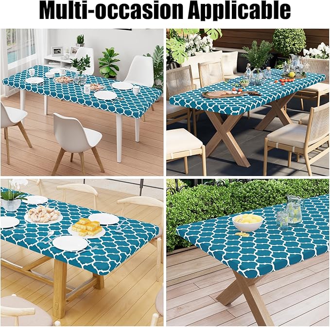 Smiry Rectangle Picnic Table Cover, Waterproof Elastic Fitted Camping Tablecloths for 8 Foot Tables, Wipeable Flannel Backed Vinyl Tablecloth Protector for Indoor, Outdoor (Turquoise, 30x96 Inches)