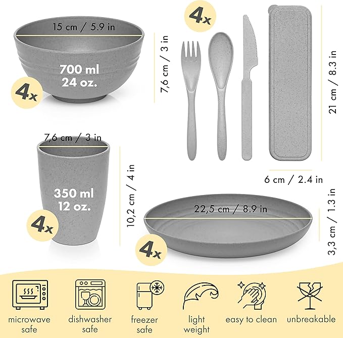 FOODLE Wheat Straw Dinnerware Set - BPA Free & Safety Tested - Microwave & Dishwasher Safe - Perfect for Picnic, Dorm, RV Dishes - Camping Plates Cups and Bowls Set - Great for Kids & Adults - For 4