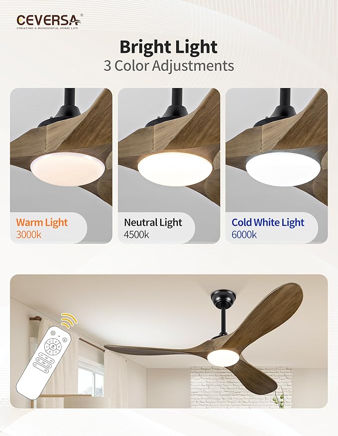 52 Inch Ceiling Fans with Lights and Remote,3 Blades Outdoor Wood Rustic Propeller Grey Ceiling Fans,Quiet Noiseless DC Motor,for Farmhouse,Living Room,Bedroom,Indoor