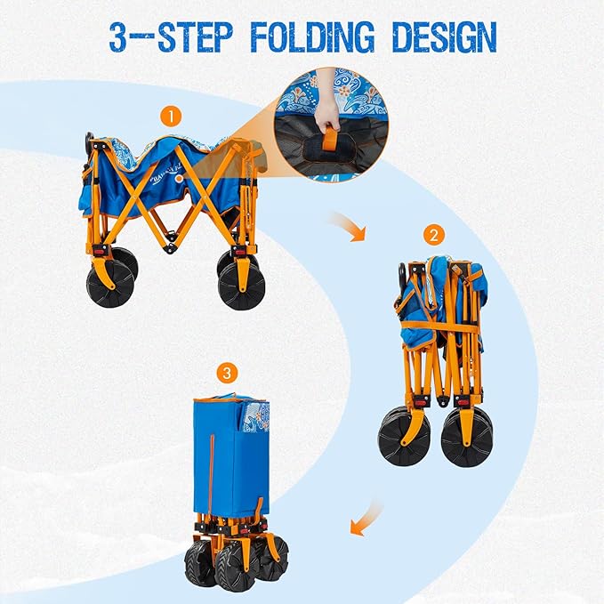 300lbs Extra Long 49" L Beach Wagon with Big Wheels for Sand, Collapsible Utility Beach Cart Heavy Duty Folding Wagon,Ideal for Outdoor Sand Camping Garden Pet