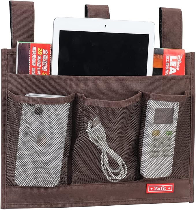 Hanging Bedside Caddy, Bedside Storage Organizer for Magazine, Phone, Remote control (Classic4 Pockets-Coffee)