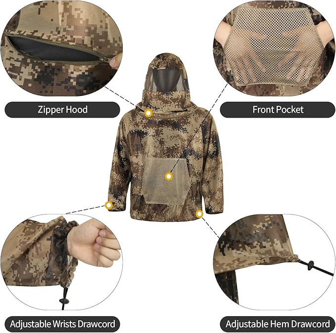 Mosquito Net Suit Camo Hunting Mesh Suit Bug Net Clothing with Hood for Outdoor Protection No-See-Ums Garden Camping