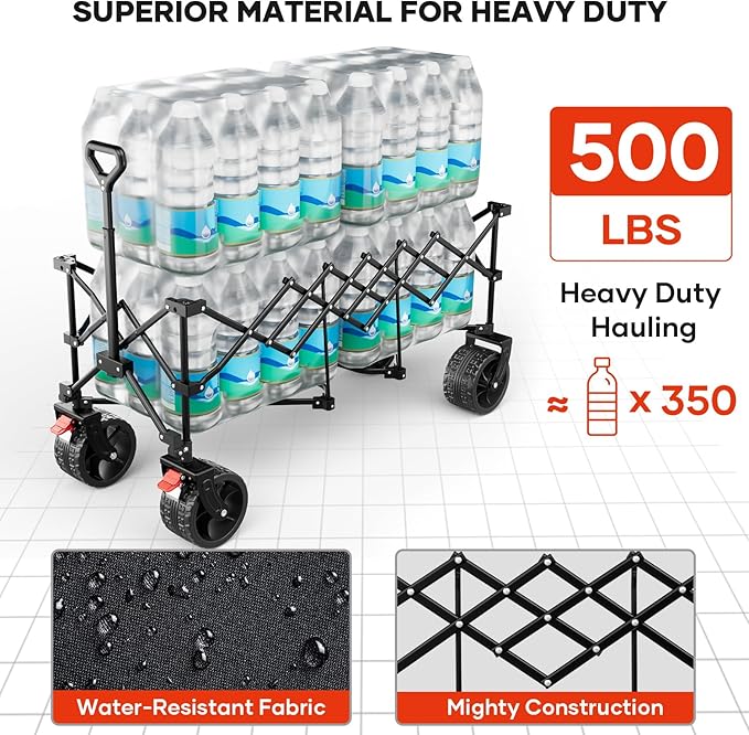 49" L Collapsible Foldable Extended Wagon with 500lbs Weight Capacity,300L Heavy Duty Beach Cart,Large Utility Wagon with Cup Holders,Cart for Sports,Outdoors,Grocery,Shopping,Black