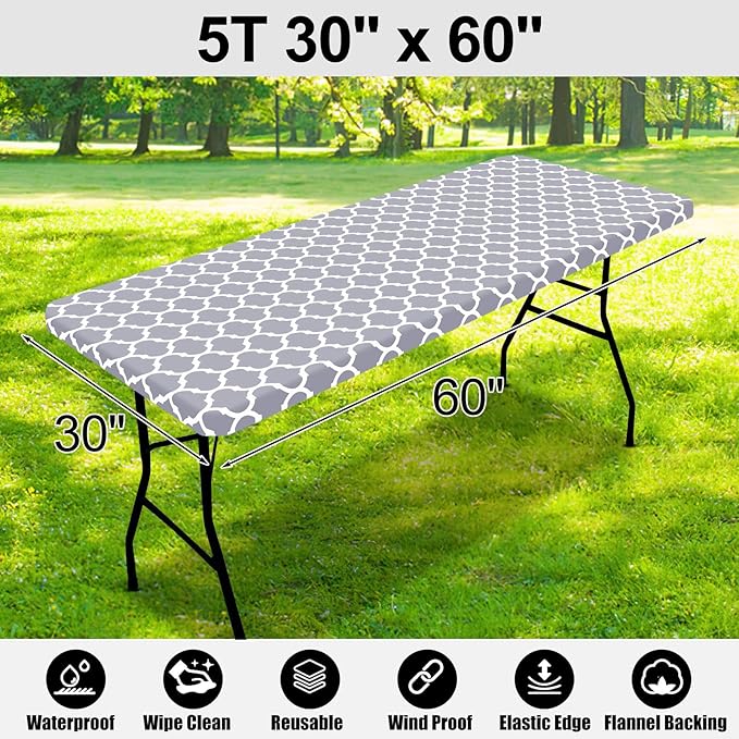 Smiry Rectangle Picnic Table Cover, Waterproof Elastic Fitted Camping Tablecloths for 5 Foot Tables, Wipeable Flannel Backed Vinyl Tablecloth Protector for Indoor, Outdoor (Grey, 30x60 Inches)