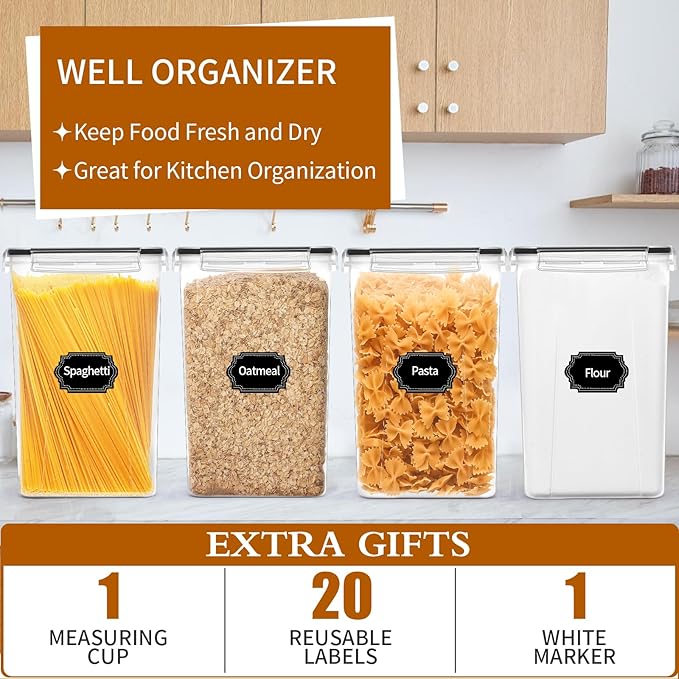 4 Pack Extra Large Airtight Food Storage Containers with Lids (6.5L / 220 oz), BPA Free Plastic Kitchen and Pantry Organization Contianers for Cereal Flour and Sugar Storage, Labels & Marker