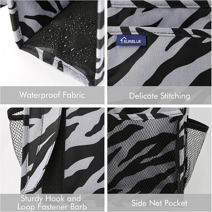 Surblue Bedside Caddy Hanging Organizer Storage Bag Pocket for Bunk, Hospital, College Dorm Rooms, Baby Bed Rails, Camp - 8 Pockets (Large, Zebra)