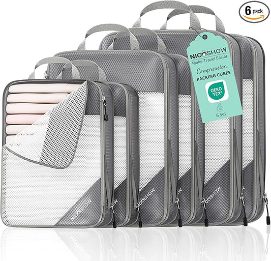 6 Set Compression Packing Cubes for Travel - Compressible, Lightweight, and Space-Saving Packing Cubes, Travel Essentials for Women, Grey