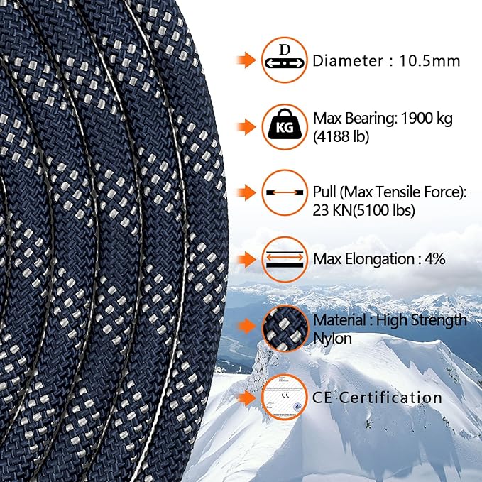 AOLEBA 10.5 mm Static Climbing Rope 10M(32ft) 20M(64ft) 30M(96ft) 50M(160ft) 70M(230ft) Outdoor Rock Climbing Rope, Escape Rope Ice Climbing Equipment Fire Rescue Parachute Rope