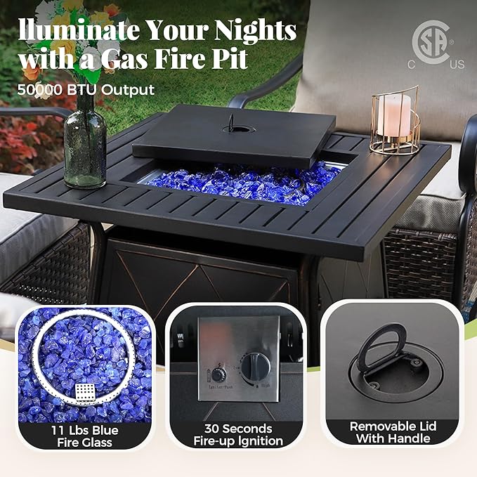 Patio Furniture Set with Fire Pit Table, 5 Pcs Metal Outdoor Conversation Set, 4 Single Chairs with 5.75" Extra Thick Cushion and 28" Fire Pit Table for Backyard Deck, Green Blue