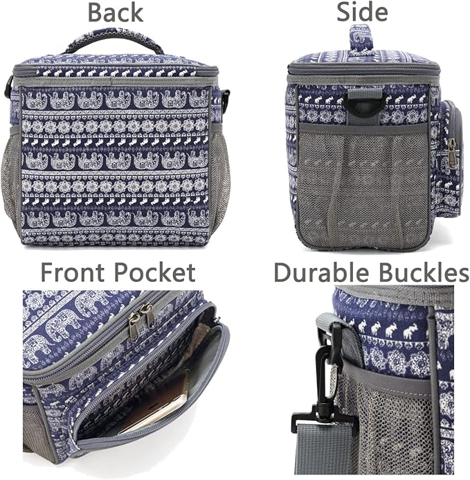 FlowFly Insulated Reusable Lunch Bag Adult Large Lunch Box for Women and Men with Adjustable Shoulder Strap,Front Zipper Pocket and Dual Large Mesh Side Pockets,Elephant