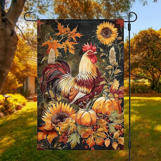 Autumn Rooster Garden Flag 12X18 Inch Double Side,Thanksgiving Harvest Fall Yard Flag,Pumpkin Small Garden Flag,Outdoor Fall Flag for Holiday Outside Patio Decoration