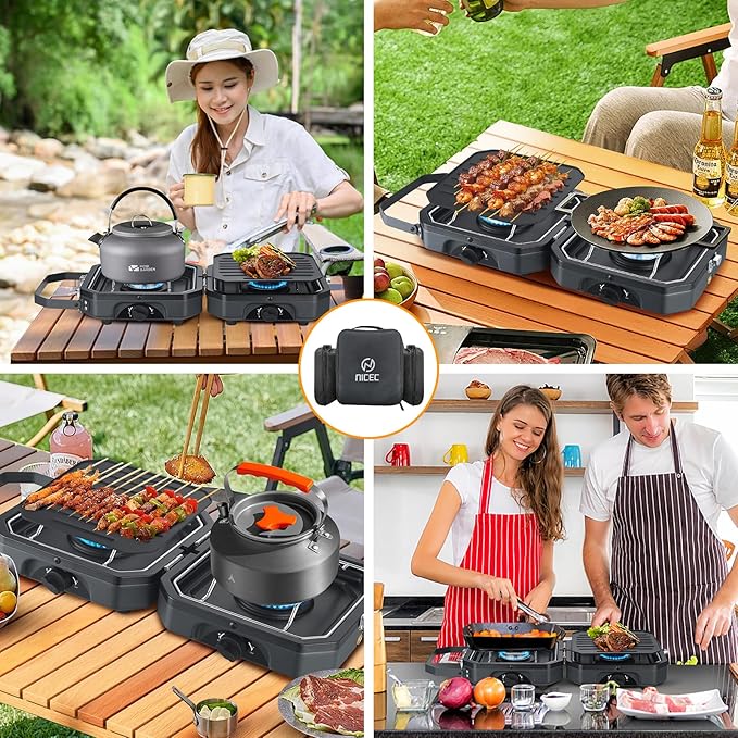 Nice C Camping Stove, Camping Stove Propane, 2 Burner Propane Camping Stove with Grill, Camp Stove, Portable Stove, 16,000 BTU Camp Stove with 2 Burner, Grill & Carry Bag for Camping