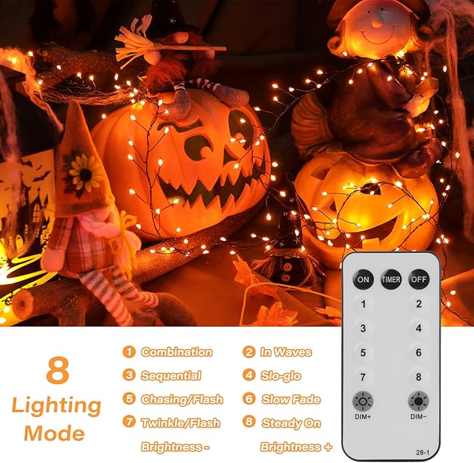 Halloween Fairy Lights Plug in, 10Feet 200 LEDs Firecracker String Lights with Remote, Cluster String Lights for Ceiling Bedroom Wreath Garland Window Bar Haunted Theme Halloween Decoration, Orange