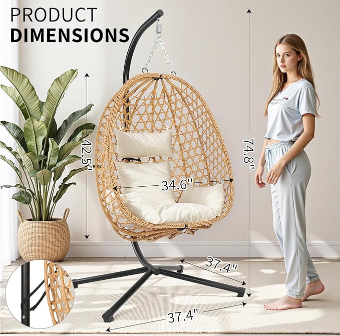 Egg Chair with Stand, Patio Wicker Hanging Chair, Hammock Swing Chair, 350LBS Capacity for Bedroom, Balcony, Garden (YE-BE)