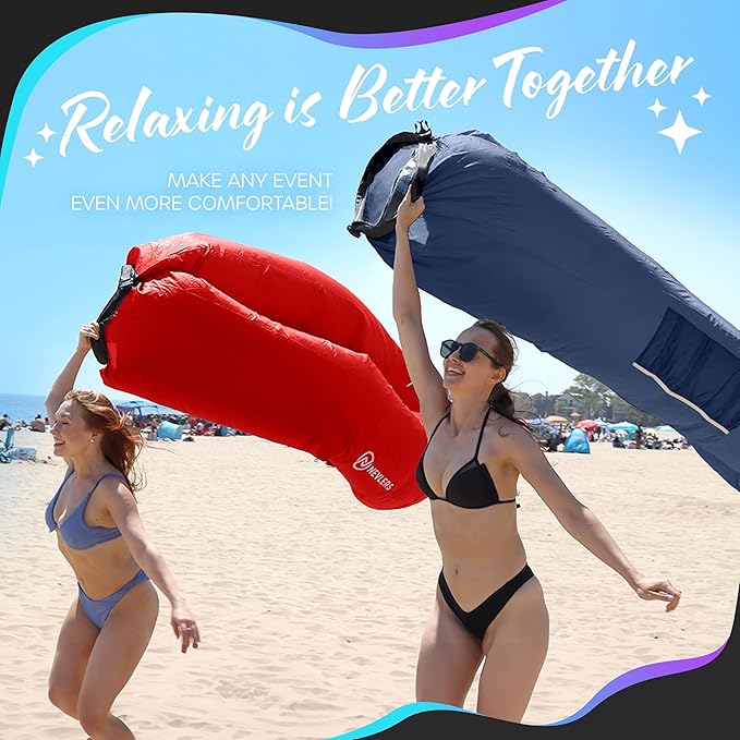 Nevlers 2 Pack Inflatable Loungers Air Sofa Couch | Perfect for Beach Chair Camping Chairs or Portable Hammock |Travel Bag Pouch, Pegs & 3 Pockets| Movie Seating & Camping Accessories Blow Up Lounger