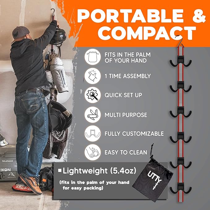 UTTY Hanging Multipurpose Portable Hockey Drying Rack - Durable Gear Keeper & Sports Equipment Organizer - 6 Durable Adjustable Hooks Support Light to Heavy Weight for Home, Travel & Outdoor Use