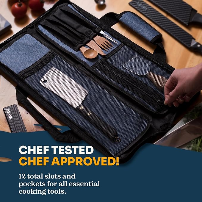Asaya Chef Knife Roll Bag - 12 Pockets for Knives and Kitchen Utensils - Lightweight, Durable, and Stain Resistant Nylon - Perfect for the Traveling Chef - Knives not Included