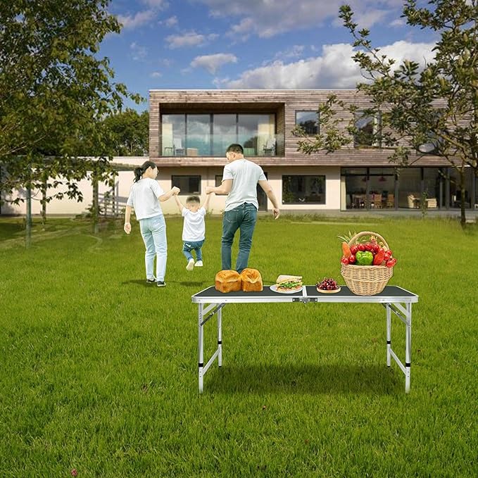 Folding Table Portable Picnic Table 4FT Camping Table Camp Table Black Aluminum Outdoor for Card BBQ 47×23.6×27/24/21 inch