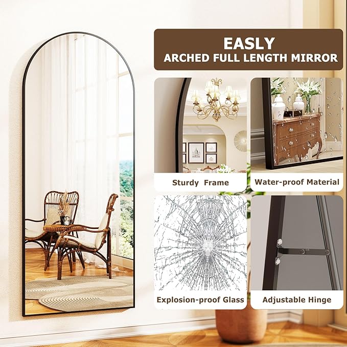 Arched Full Length Mirror - 68" x 24" Large Floor Mirror Aluminum Frame Dressing Mirror with Stand for Bedroom/Living Room Wall Mounted