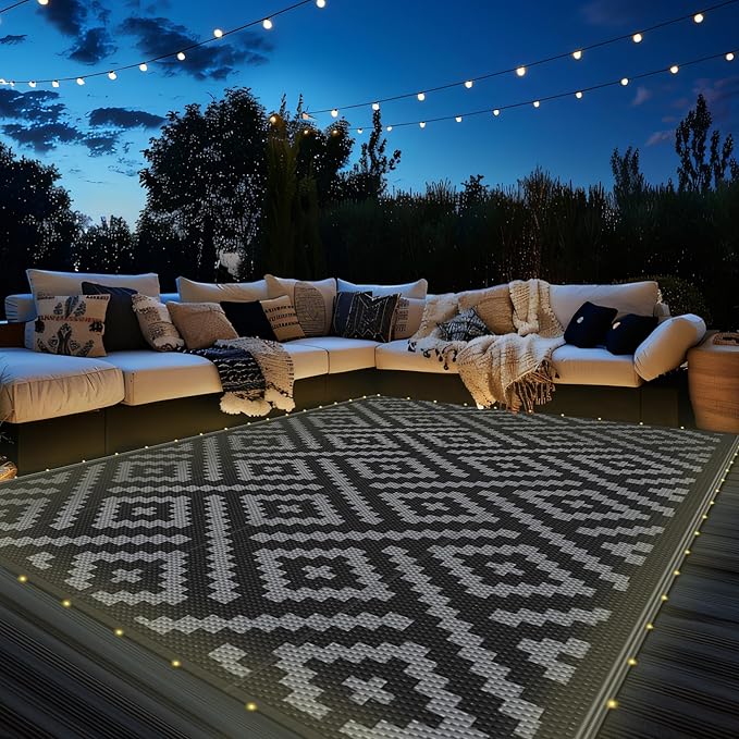 GENIMO Outdoor Rug with LED Strip Lights, 9'x12' Waterproof Camping Mat, Reversible Plastic Straw Rugs for Patio, RV, Camper, Balcony, Backyard, Picnic, Deck, Black & Gray