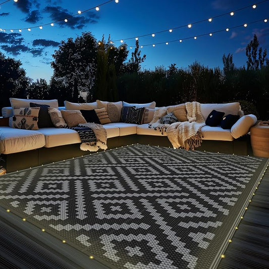 GENIMO Outdoor Rug with LED Strip Lights, 8'x10' Waterproof Camping Mat, Reversible Plastic Straw Rugs for Patio, RV, Camper, Balcony, Backyard, Picnic, Deck, Black & Gray