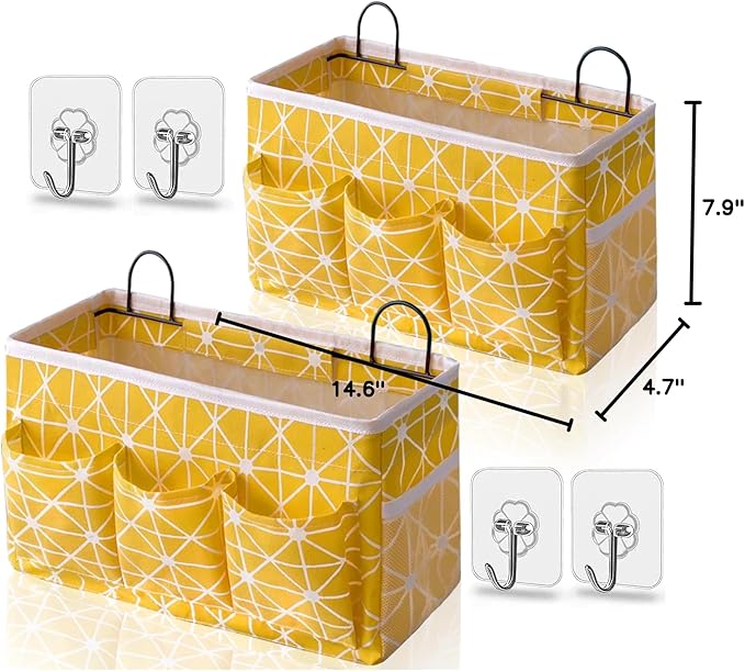 2pcs 3-pockets Large Wall Hanging Organizer Bag, Linen Fabric Door Hanging Storage Baskets with Pockets, Waterproof Bin for Kitchen, Bedroom, Office, RV Camper (Yellow_2pcs)