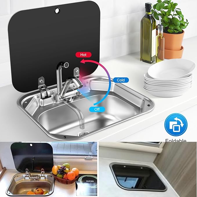 15x17 In Undermount RV Bar Kitchen Sink Workstation with Folding Faucet A and lid, 304 Stainless Steel Single Bowl Hand Wash Basin Drop in Sink Caravan Camper Van Boat Home Mobile Trailer