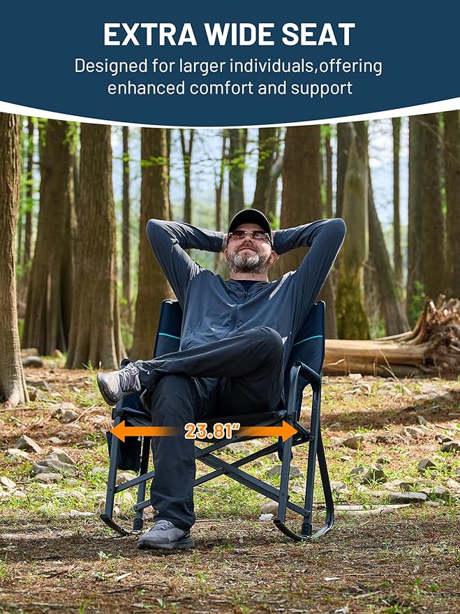 TIMBER RIDGE Folding Rocking Camping Chair, 400lbs Capacity Portable Oversized Outdoor Rocker with Hard Armrests, Cup Holder & Side Pocket, Quick-Fold Design for Outdoor, Patio, Lawn, Blue