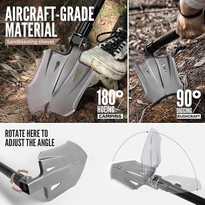 Zune Lotoo Tactical Shovel Survival Multitool, Military Portable Folding Camping Shovel Compact Camping Gear for Men Outdoor Survivalist Gift Hiking Backpack Emergency Offroad Entrenching Tool Spade